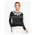 Ladies cotton cashmere sweater with chest path lace crew neck knit sweater beaded jacquard pullover